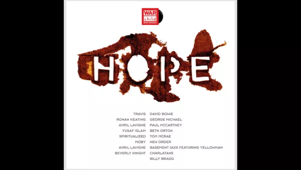 hope album cover - the words hope in white on a brown background with the artists listed below it in black text