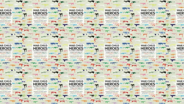 Artwork for War Child Presents Heroes featuring guns drawn by a child.