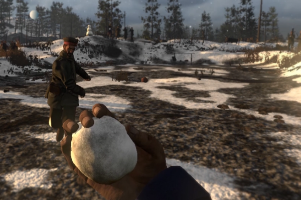 Screenshot of Verdun game where gameplay was pacified as part of War Child's Armistice campaigning, meaning soldiers put down their weapons and threw snowballs instead.