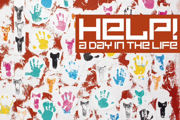 Help! A Day in the life cover - red with coloured hand prints all over.