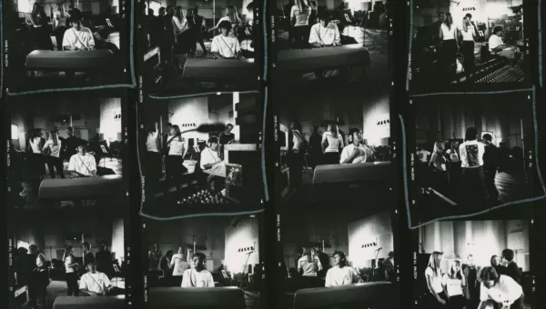 repeated black and white image of a music studio