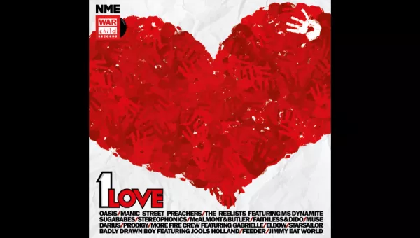 1 Love Record/Album cover with a red heart made up of red hands coming together on a white background. The Artist names are listed in black at the bottom.