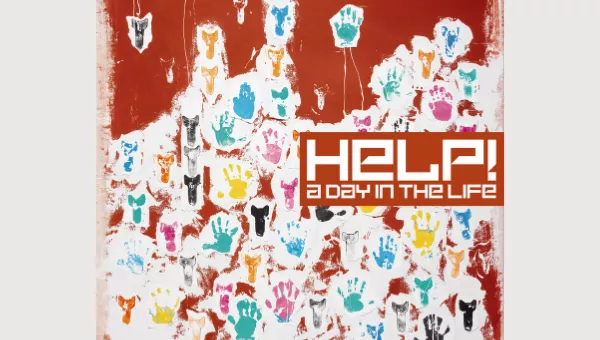 Help a day in the life cover - red album with colourful handprints all over 