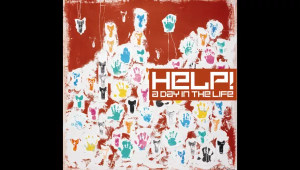 Artwork for Help! A Day In The Life which is a red background with multicoloured handprints.