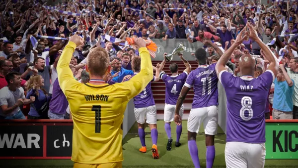 Football players from Sports Interactive's Football Manager hold up cup to cheering fans.