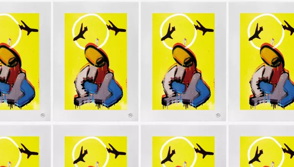 The reimagined artwork by Robert Del Naja to support War Child's Gaza Appeal. Features an abstract figure on a yellow background, with two planes flying overhead.