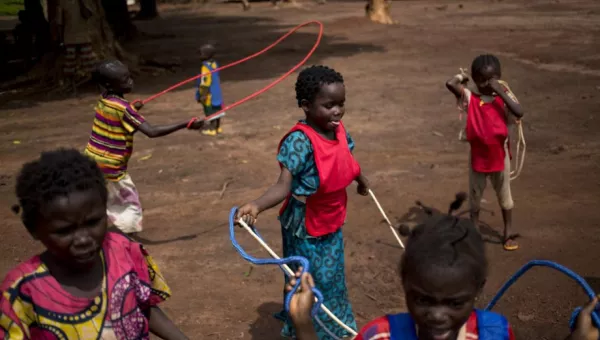 Children play with skipping ropes outside of a War Child early childhood development centre in the Central African Republic.