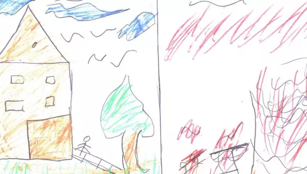  A Syrian child in Jordan draws two scenes based on their experiences: "safety", on the left, and "war" on the right.