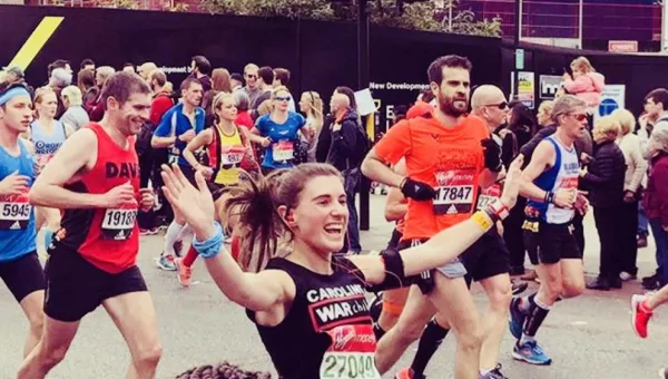 Caroline running the London Marathon for War Child in 2017.