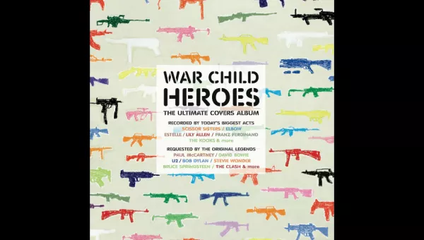 War child heroes cover - pale beige background with multicoloured guns. IN the centre is a white square with featured artists names