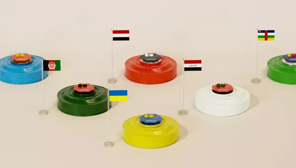 Six LullaBomb devices each with a different country flag next to them. The flags represented are Ukraine, Yemen, Central African Republic, Democratic Republic of Congo, Iraq, and Afghanistan.