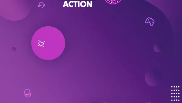 the War Child Game Action logo sitting on top of a purple gradient background. There is a sticker which says "Every purchase helps children affected by war"
