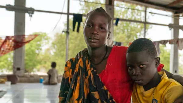 A mother and son in a South Sudan refugee camp. 