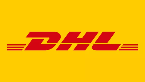Red DHL logo on a yellow background.