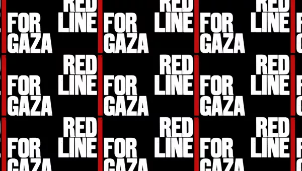 Red Line for Gaza logo repeated on a black background