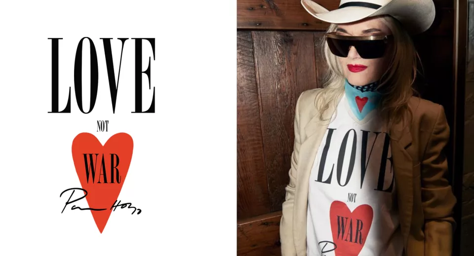 Pam Hogg wearing her Love Not War T-Shirt