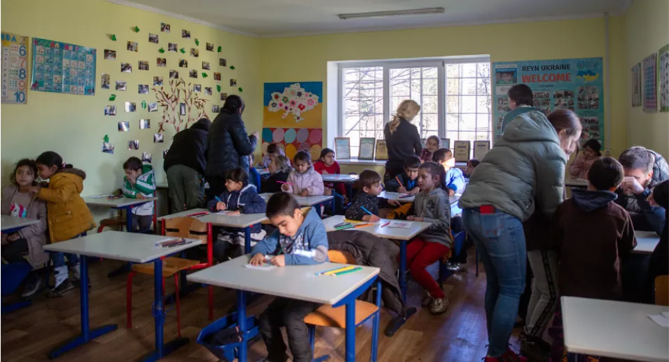 Children learning in a classroom, Ukraine.