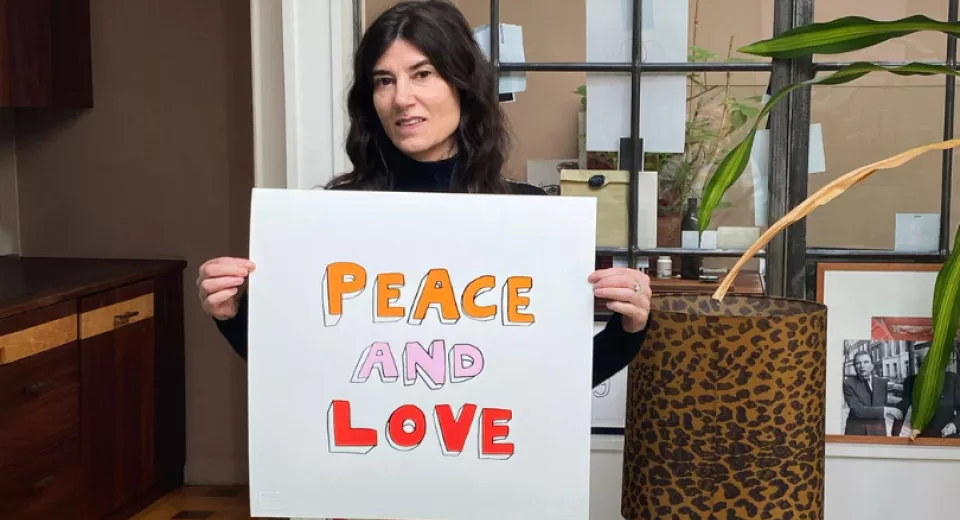 Bella Freud and her Peace and Love print for War Child.