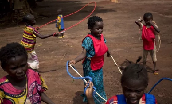 Children play with skipping ropes outside of a War Child early childhood development centre in the Central African Republic.