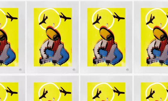 The reimagined artwork by Robert Del Naja to support War Child's Gaza Appeal. Features an abstract figure on a yellow background, with two planes flying overhead.