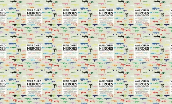 Artwork for War Child Presents Heroes featuring guns drawn by a child.