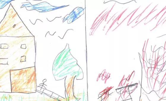  A Syrian child in Jordan draws two scenes based on their experiences: "safety", on the left, and "war" on the right.