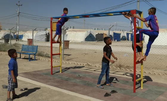 Boys playing on a climbing frame. 