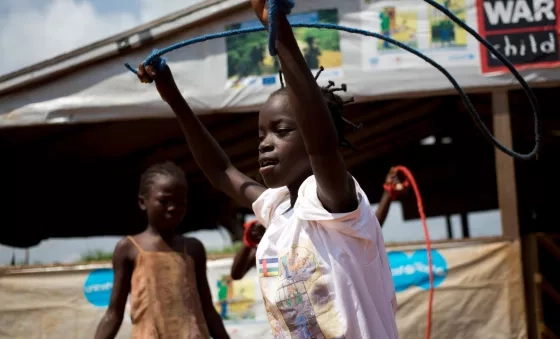 Children play with skipping ropes outside of a War Child early childhood development centre in the Central African Republic.