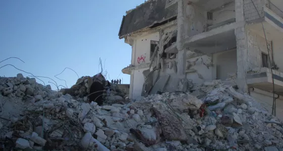 A collapsed building as a result of the earthquake, Syria. 