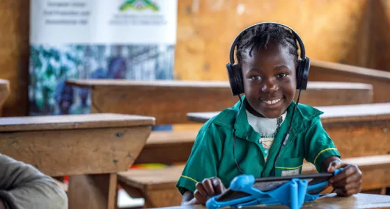 A child using Can't Wait to Learn in Uganda. 