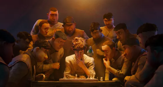 A man sat playing chess surrounded by a group of people watching.