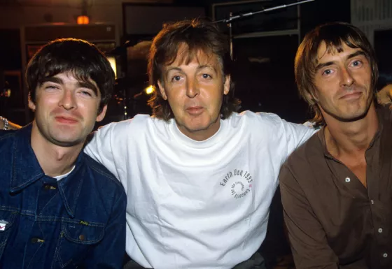 The Smokin' Mojo Filters (Paul McCartney, Paul Weller and Noel Gallagher) at the recording of the HELP album at Abbey Road Studios in 1995.