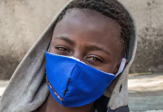 Participant Kanyere wearing a facemask given to him as part of War Child Covid-19 response in the Democratic Republic of Congo.