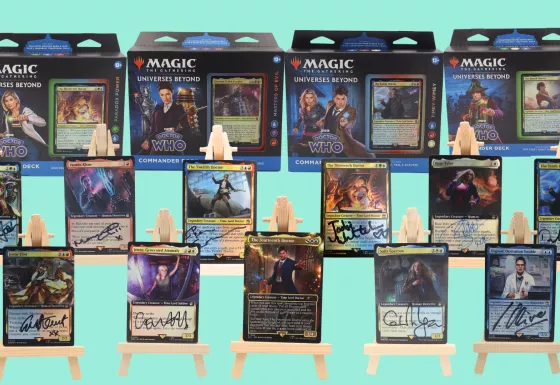 a selection of prizes on a teal background. Four preconstructed commander decks: Timey-Wimey, Masters of Evil, Blast from the Past, Paradox Power, as well as trading cards signed by doctor who actors.