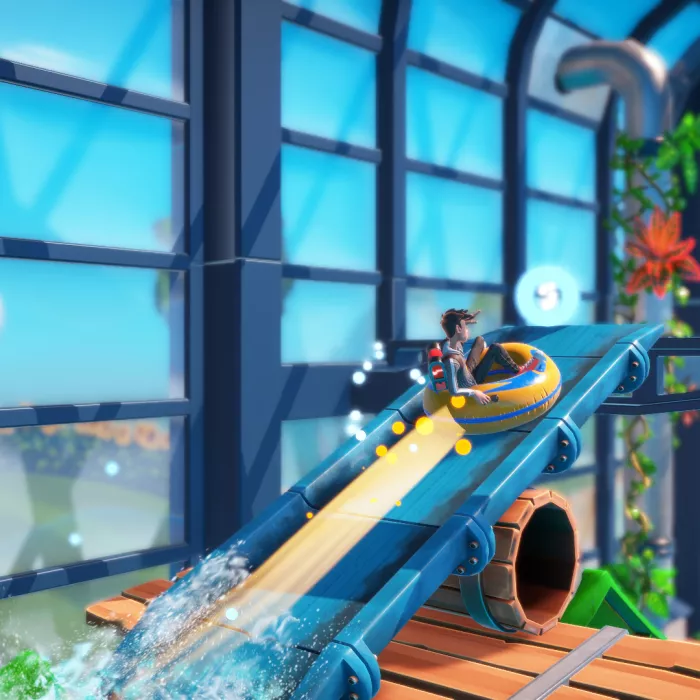 Character Mickey Storm shoots up water slide on a quest to save his parents.