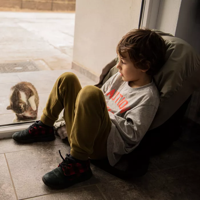 boy sitting on a bag looking out the window at a cat